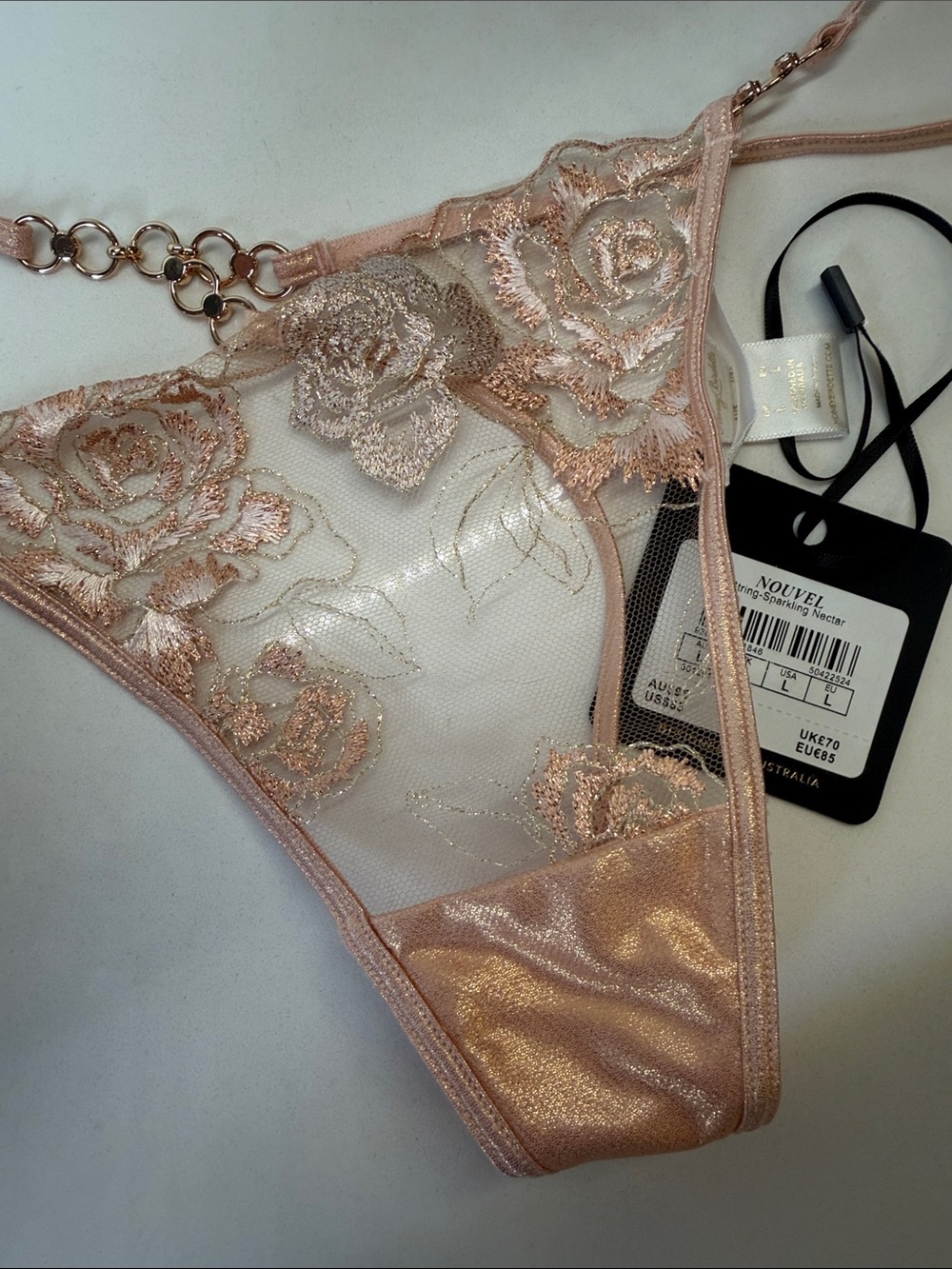 Honey Birdette  Sheer Lace Embroidered Thong Panty - Blush L NWT